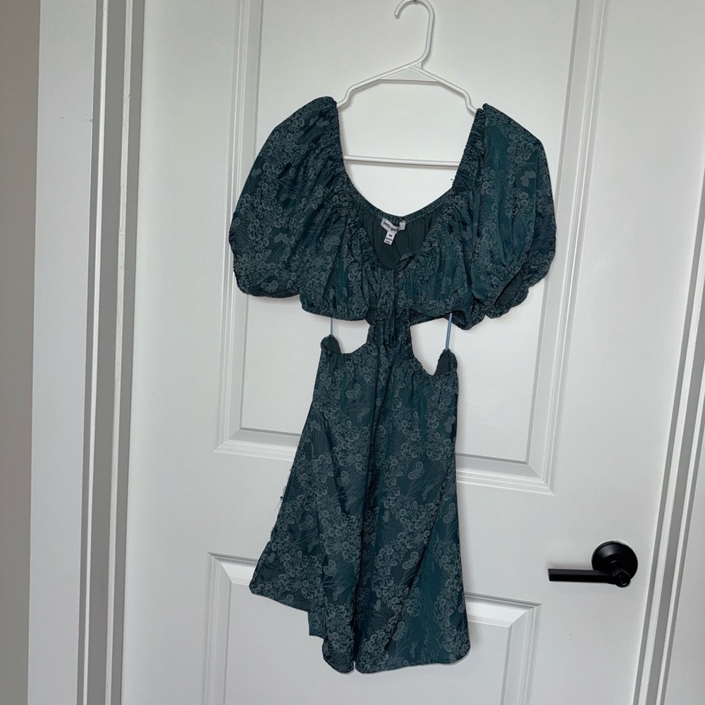 Deep Blue Puff-sleeve Cut-out Dress